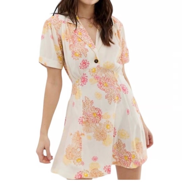 Free People Hawaii Dress Empire Waist Short Sleeve Mini Length Pink Yellow Cream - Picture 1 of 15